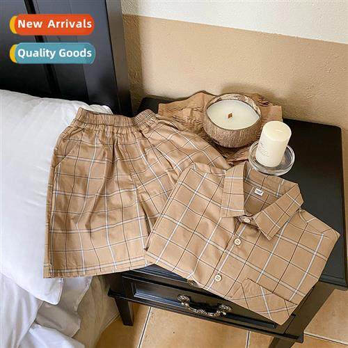 ins childrens summer boys plaid shirt casual wind  style su