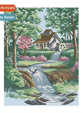 New hmade full embroidery woodl cabin river lscape cross stc