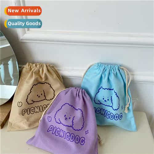Korean ins cream yellow cute puppy drawstring bag canvas dra