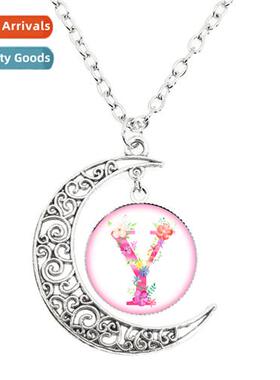 New Pink Flower 26 Letter Mo Necklace Dome Glass Pendant Bir