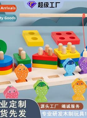 Childrens wooden three-dimensial fishing set  columns 2-in-1