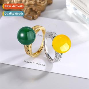ring female Natural opening agate zircia adjustable green