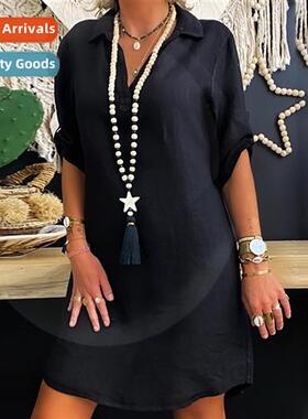 2021 Summer New Nordic Style Cott Short Sleeve Shirt Dress 1