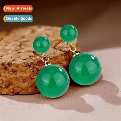 Green agate earrings inlaid chalcedy short secti earrings fe
