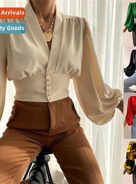 2021 Spring new temperament butts V-neck lantern sleeve blou