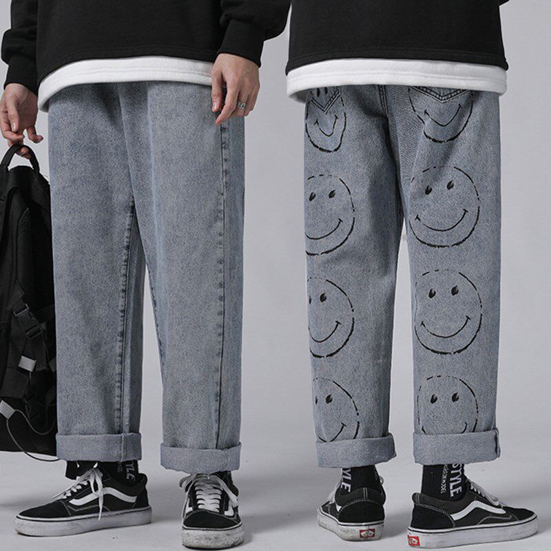 fashion mens vintage washed jeans hip hop smile face printed
