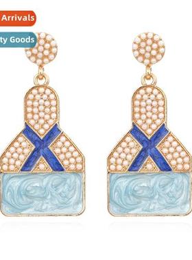 New creative geometric diamd pearl earrings retro fashi wipe