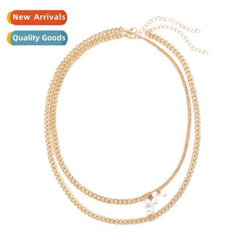 New simple double stacked alloy necklace retro fashi pearl c