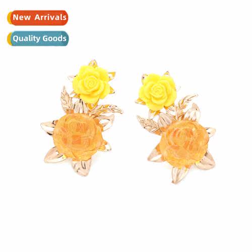 retro three-dimensial alloy resin flower earrings temperamen