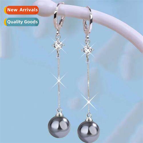 12MM dark gray shell beads earrings female plated 925 silver