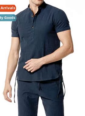 Amazs Mens Cott Linen Henley Neck Beach Su TC18