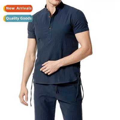 Amazs Mens Cott Linen Henley Neck Beach Su TC18