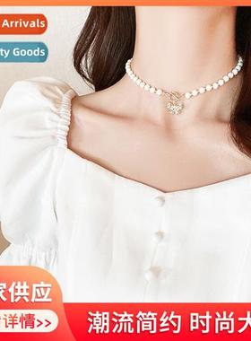 Simple short secti collarbe chain ins cold wind pearl butter