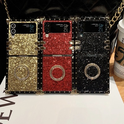 适用Samsung Z Flip45 Solid Color Glitter Square Case Folding