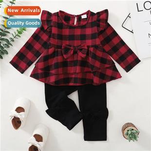 top Autumn printed plaid sleeved new 2022 Spring Girls