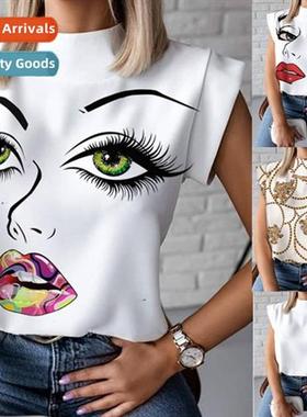2021 Summer Simple Sting Lapel Lips Printed Ladies Blouse To