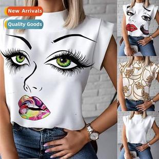 Sting Lapel Blouse Summer Ladies Simple Printed 2021 Lips