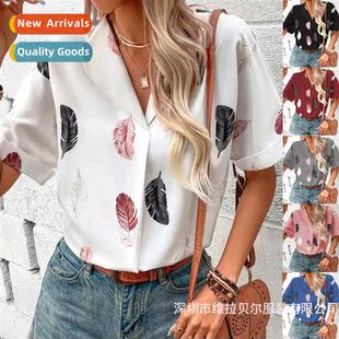 Womens Lapel Short Summer Sleeve Shirt New Printed 2023 Fear