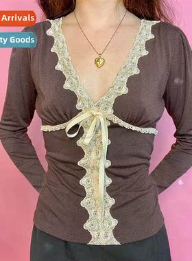 2022 spring  summer new lace-up Slim splicing lace V-neck lg