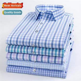Mens business formal wear lg-sleeved shirt plaid casual care
