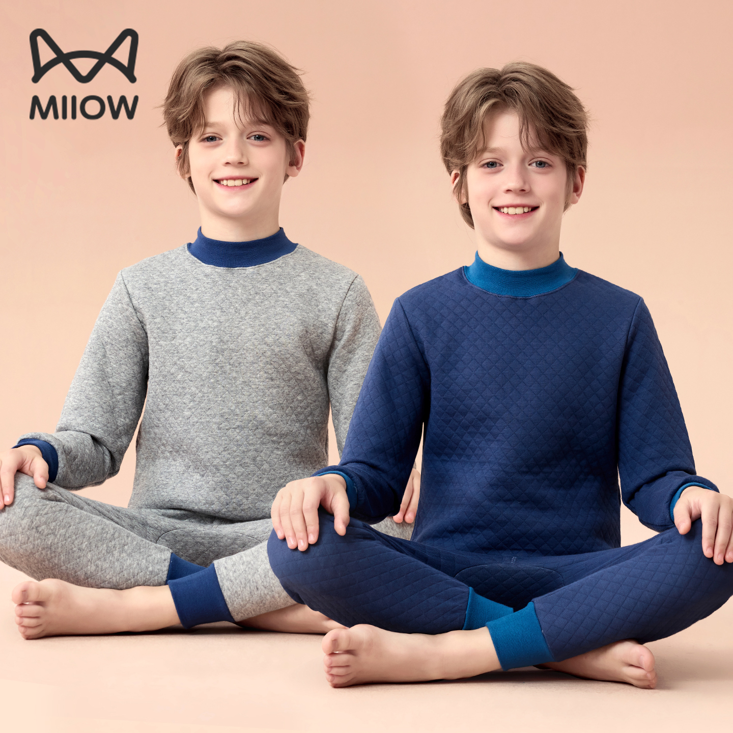 猫人男孩大童保暖内衣套装全纯棉儿童秋衣秋裤中领三层夹棉青少年