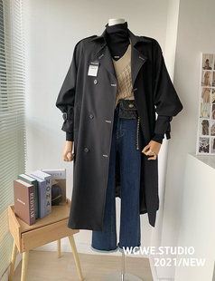 上衣 双排扣方领外套小个子中长款 浅川酒一黑色风衣女2021秋季 新款