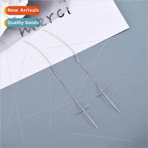 s925 silver Koreasimple arc cross ear wire cold wind long ta