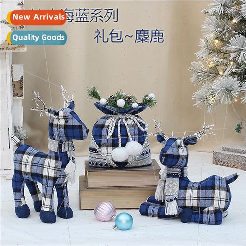 Christmas small new blue fabric elk doll gift pack scene dec