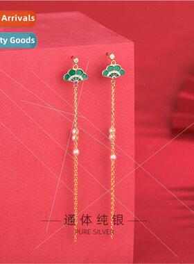 s925 silver fan-shaped earrings long chain beads tassel earr