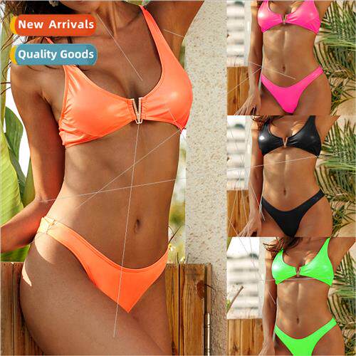 Womens Swimwear V-Neck Leather Metal Clasp Bikini i 2075