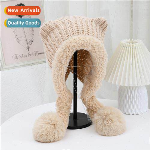 new fall winter cat ears double tail two hairball knted cap