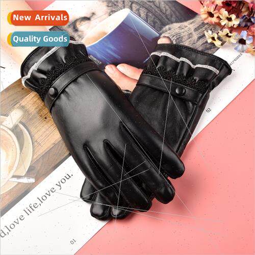 Faux Leather Women Gloves Lace ngle Button Thickened Autumn