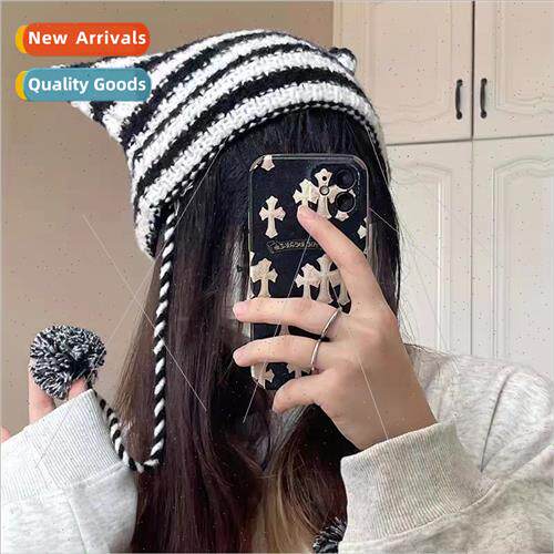 Japan cute striped imp wool ball kn cap fall winter ear prot