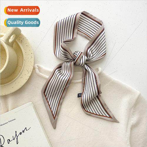 2023 silk scarf narrow long striped double layer small necke
