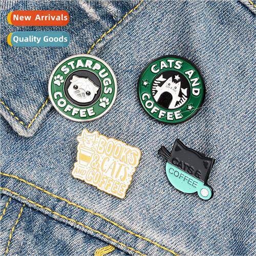 Creative Kten Coffee Brooch Cute Cartoon Pug Puppy Cat Cafe