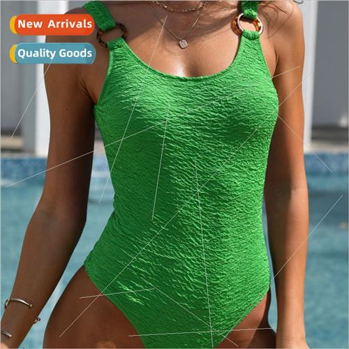 2024 New Europe Sexy Jacquard One-piece Swimsu Women Solid C - 实物图