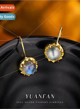 s925 silver natural moonstone earrings female retro sunflowe