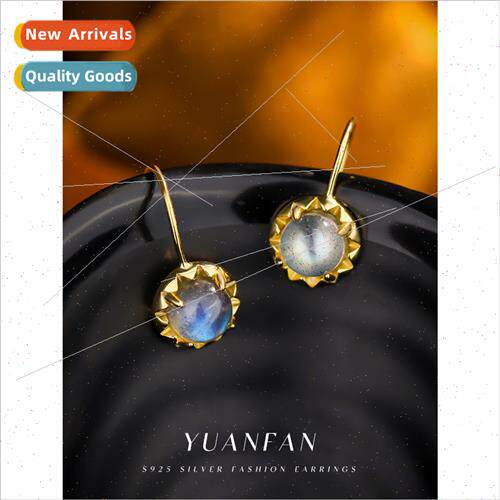 s925 silver natural moonstone earrings female retro sunflowe