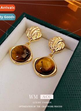 silver needle diamond tiger eye stone earrings retro metal e