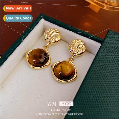 silver needle diamond tiger eye stone earrings retro metal e