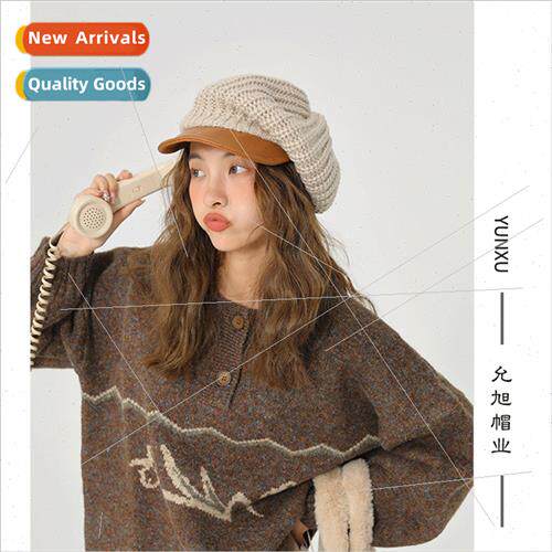 Japan large  leather brim knted beret female fall winter ins