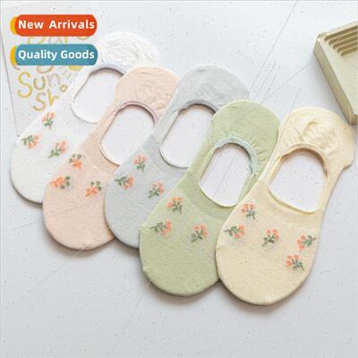 Invisible boat socks girls anti-slip off small flowers summe
