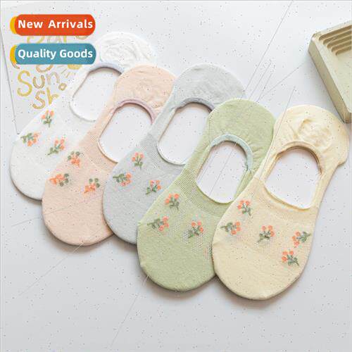 Invisible boat socks girls anti-slip off small flowers summe