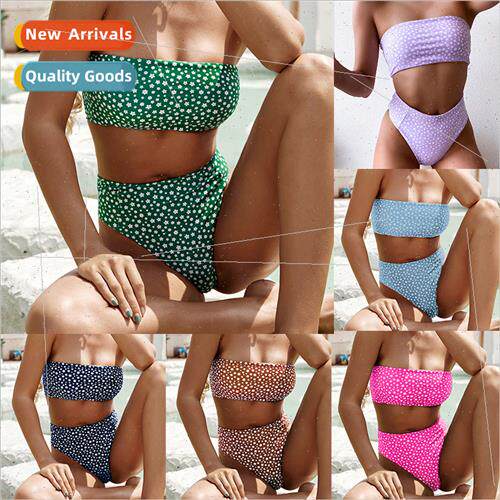 2020 new smocked high-waisted bikini green purple small flor