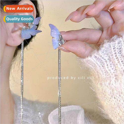 Blue purple semi-faceted mesh butterfly ear clips crystal gl
