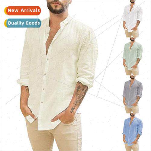 2023 Men Loose nen Cardigan Solid Color Casual Standing Coll