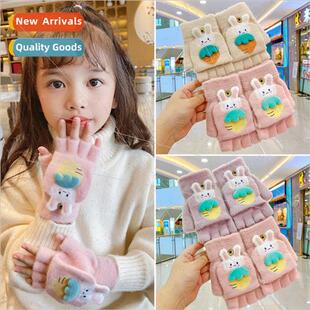 Children gloves flap winter warm five-finger girl leak finge