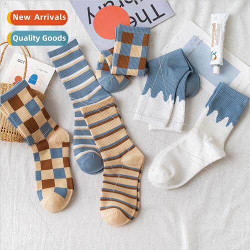 Socks womens mid-calf cotton curry blue plaid spring and sum