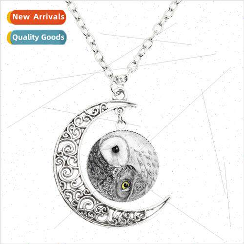 New Vintage Owl Art Pattern Animal Photo Moon Necklace Glass