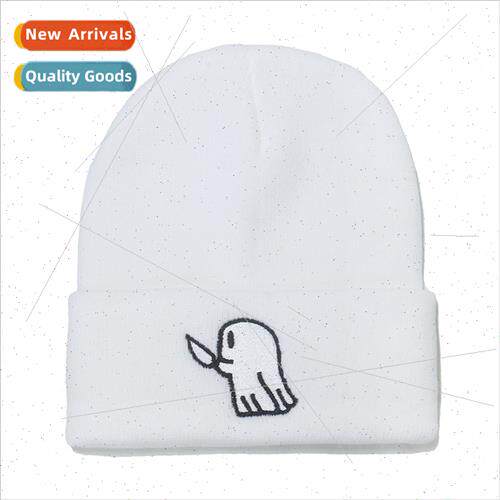 Ghost embroidery knted cap men autumn winter set head hat ti